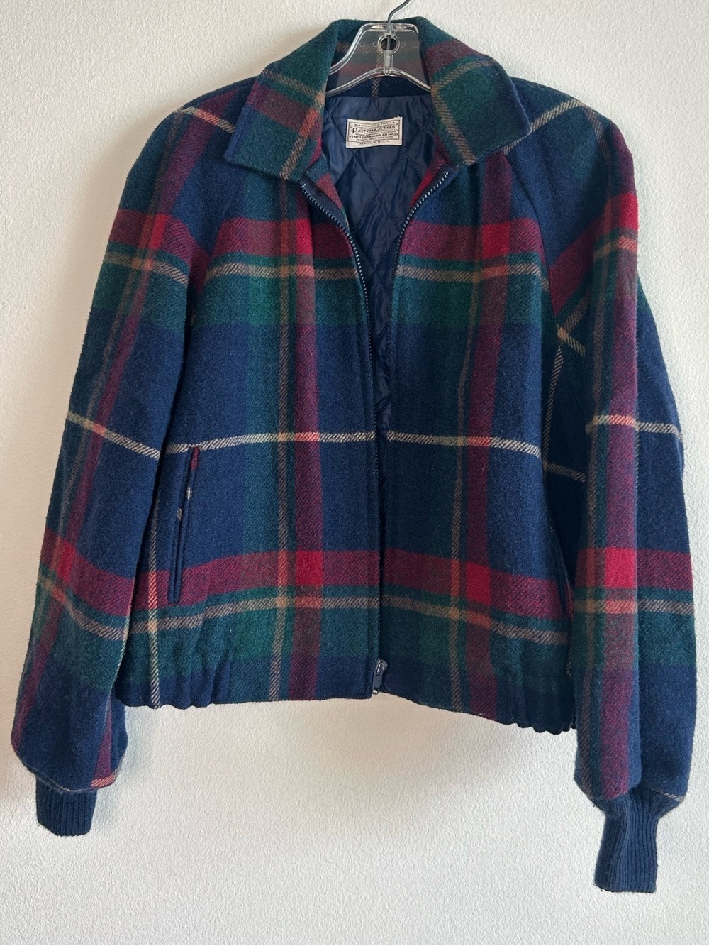 Vintage Pendleton Bomber Plaid Zip Jacket Medium Wool USA Blue Red Gold